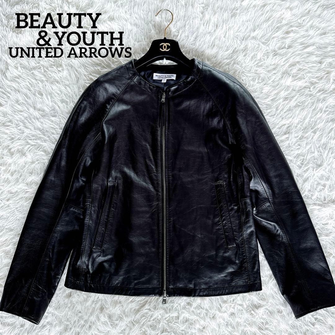 【BEAUTY&YOUTH】ノーカラー シングルライダース 牛革 ブラック XL