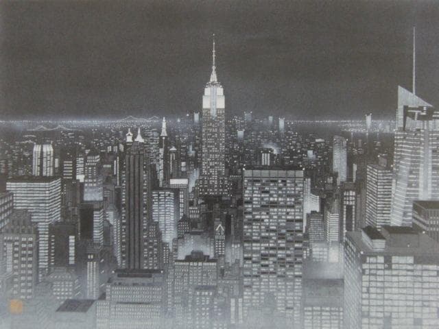 岩波昭彦、【摩天楼】、希少な額装用画集より、状態良好、新品額装付