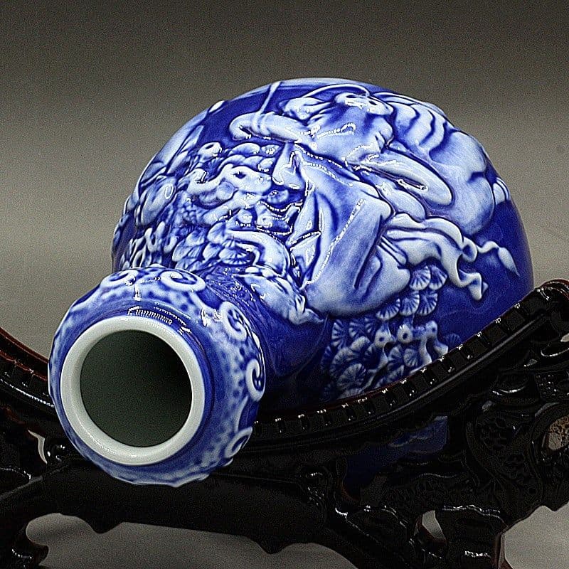清乾隆 藍釉の浮彫り老子出関蒜頭瓶 景徳鎮 陶磁器