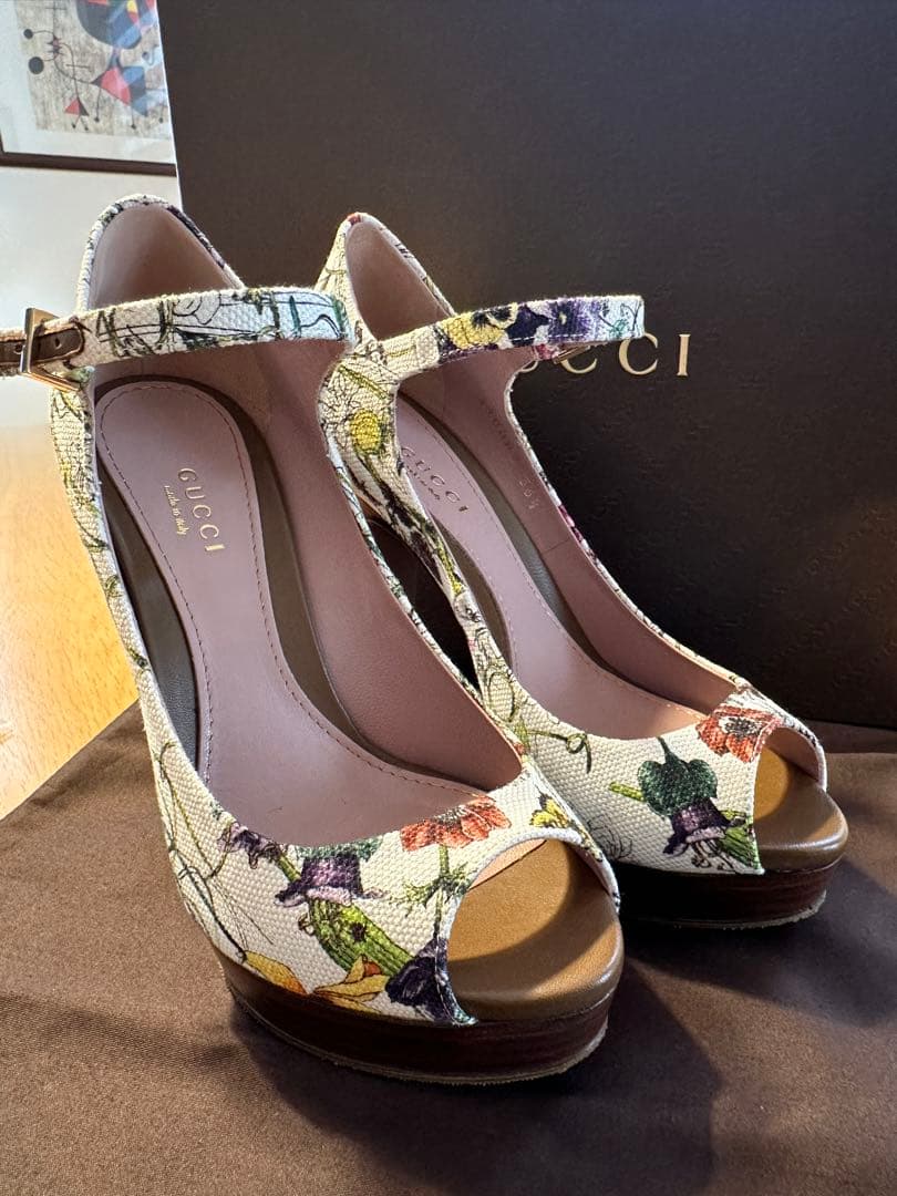 グッチ キャンバス×レザー オープントゥパンプス 36 1/2 レディース