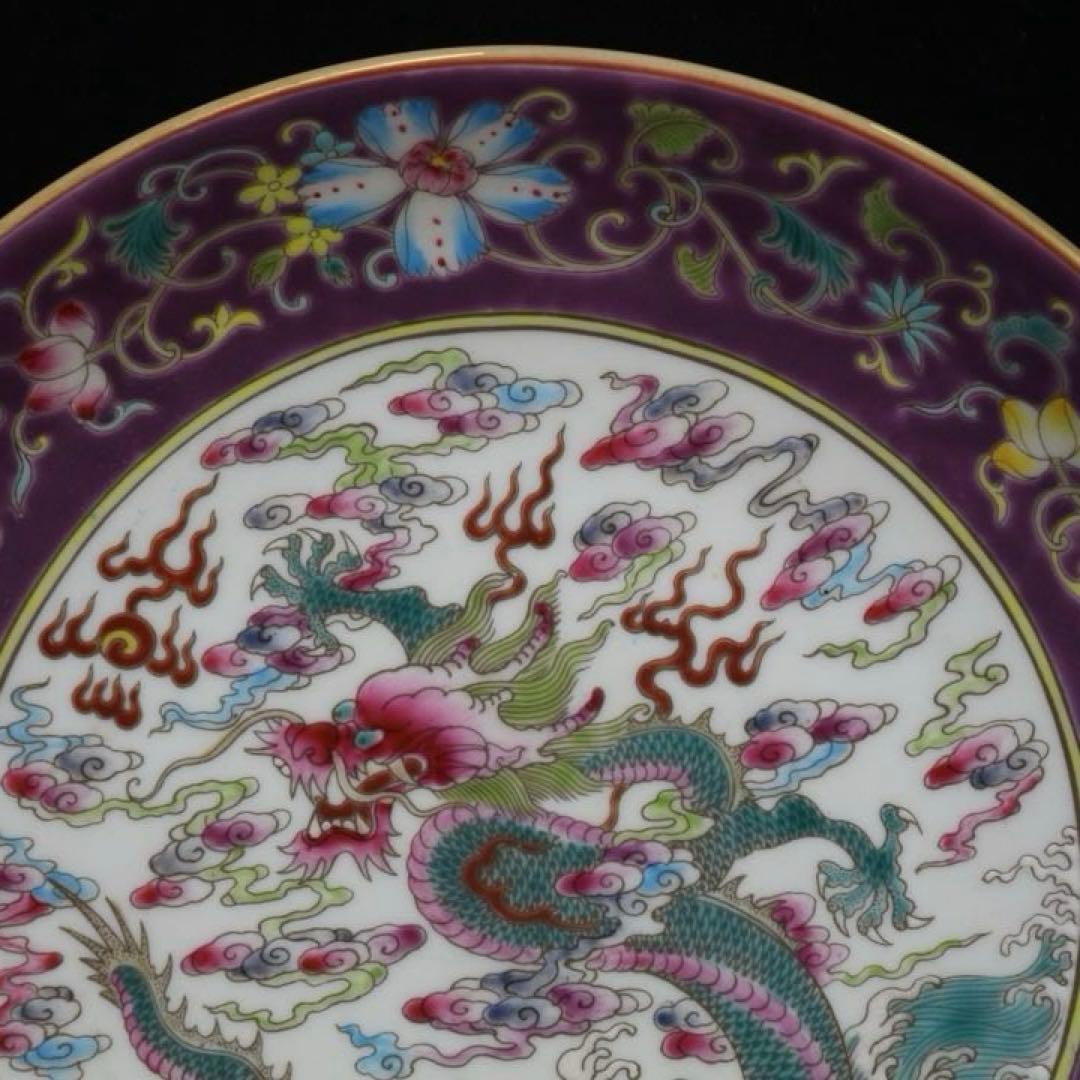 旧家蔵出 清国時代 大型 雍正琺瑯彩 海水龍紋皿 逸品 置物