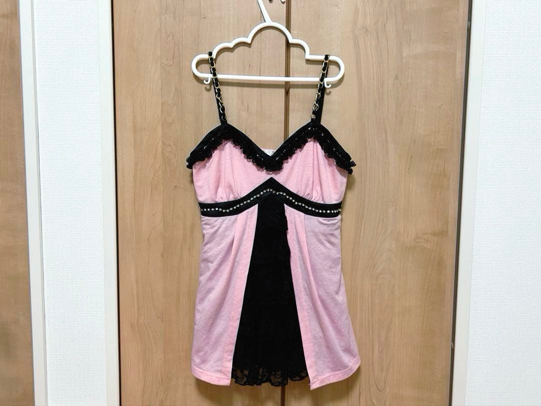 GOLDS♡肩紐チェーン♡ビジュー付き段々フリルレース♡キャミトップス♡ピンクM