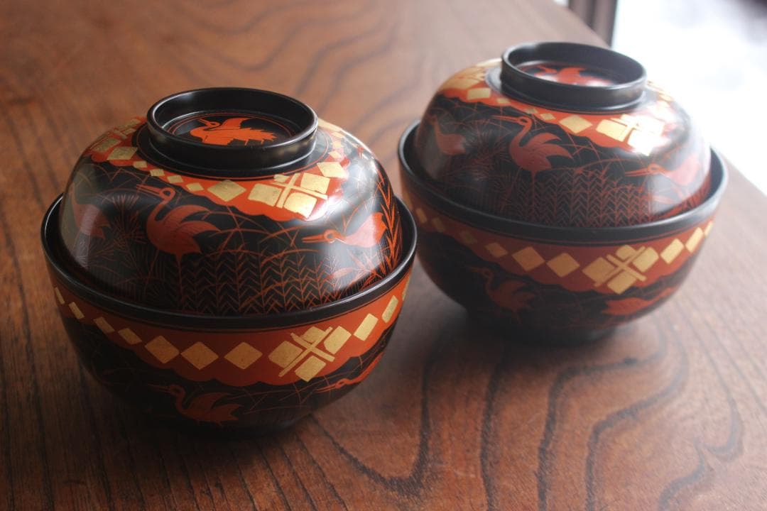 デッドストック！上質黒漆に極上秀衡蒔絵の映えるお椀2点（検山中塗