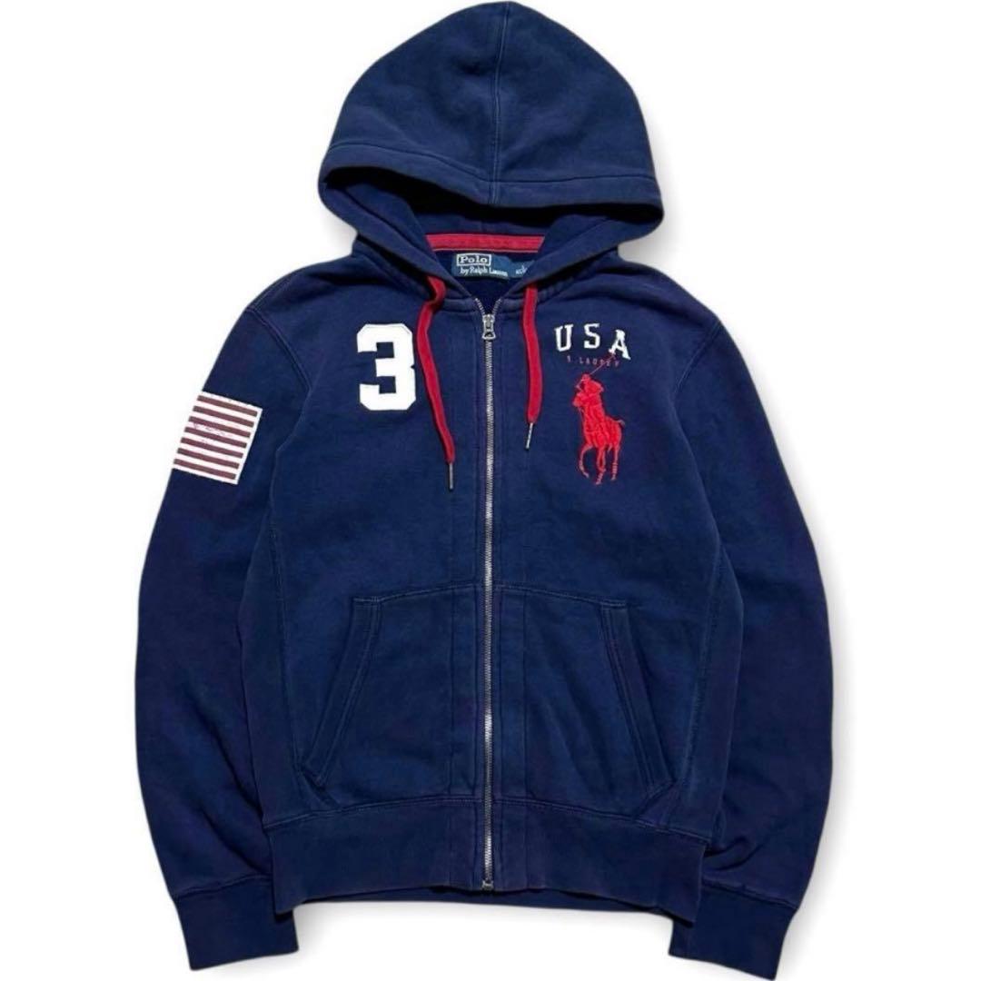 割引済！90s ラルフローレン 国旗 刺繍 ビッグポニー 短丈 ジップ パーカー POLO RALPH LAUREN(ポロラルフローレン) / ジップパーカー/M/コットン