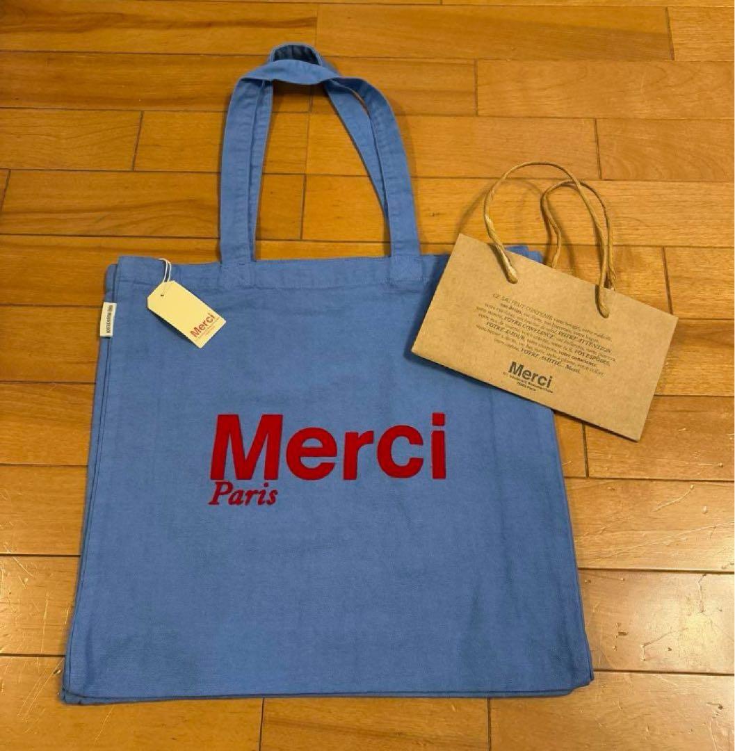 【新品未使用タグ付き】 Merci トートバッグ　ロゴ入りエコバッグ 水色
