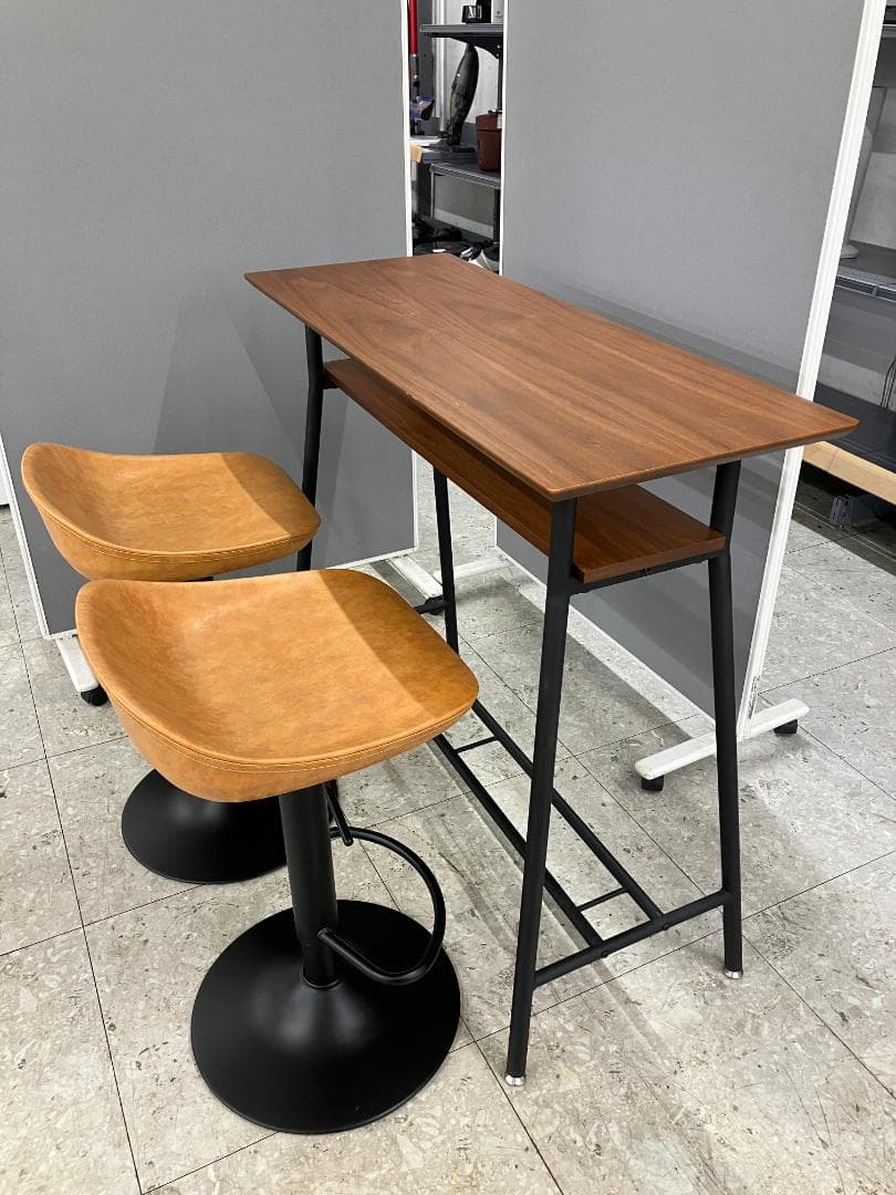 カウンターテーブルセット イス×2 ブラウン