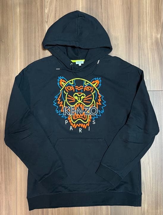 KENZO タイガー刺繍 パーカー ネオン　ブラック L 中古・古着通販】KENZO (ケンゾー) タイガー刺繍パーカー ブラック