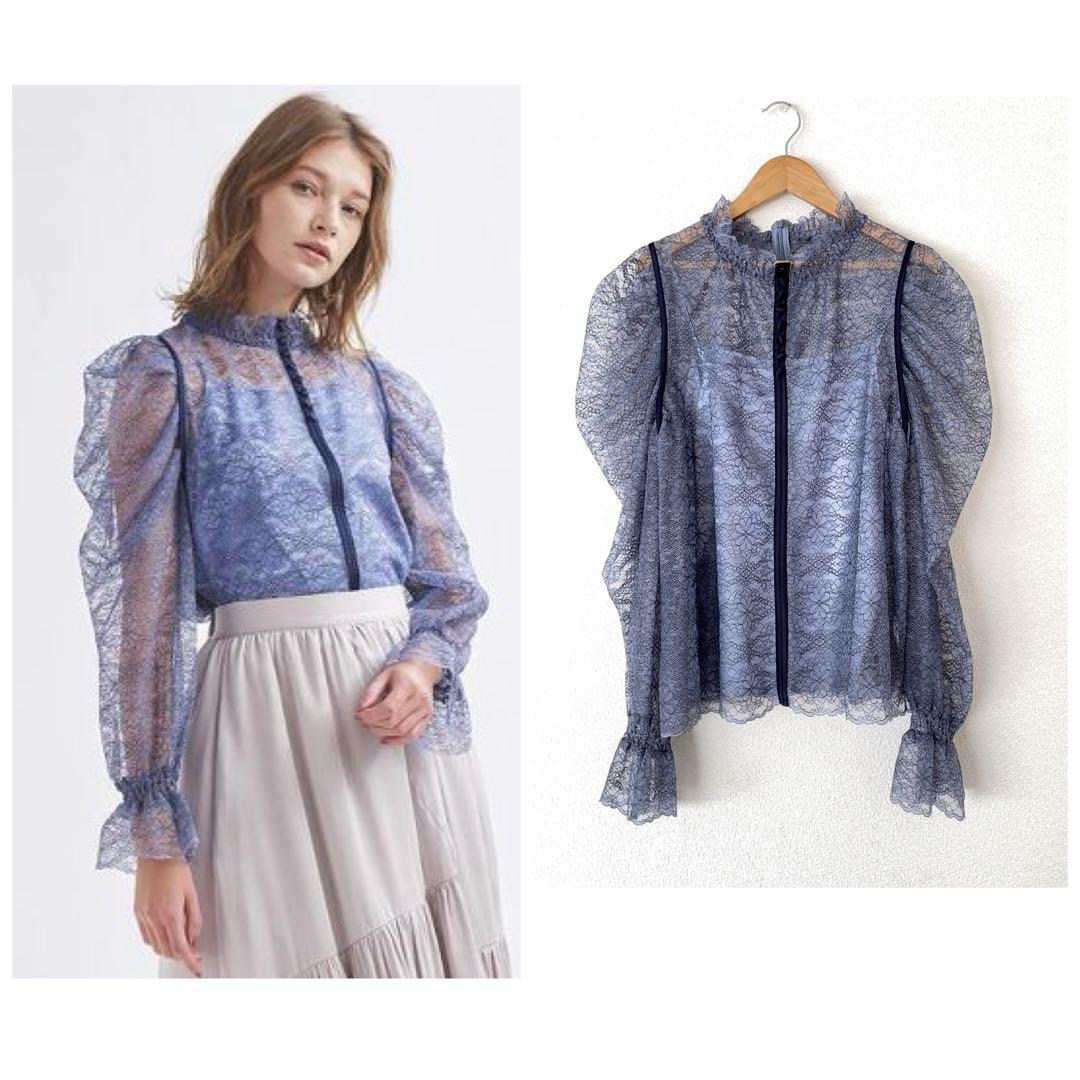 ランバンオンブルー 38 バイカラーレースブラウス ブルー レースパターンシャツブラウス|LANVIN en Bleu | LANVIN en Bleu