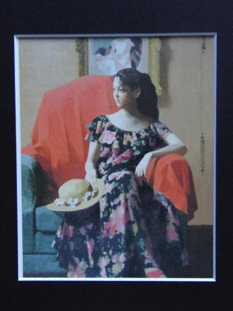 中村清治、花柄の服の少女、希少な画集より、新品高級額・額装付 中村清治、【花柄の服の少女】、希少な額装用画集より、新品額装付