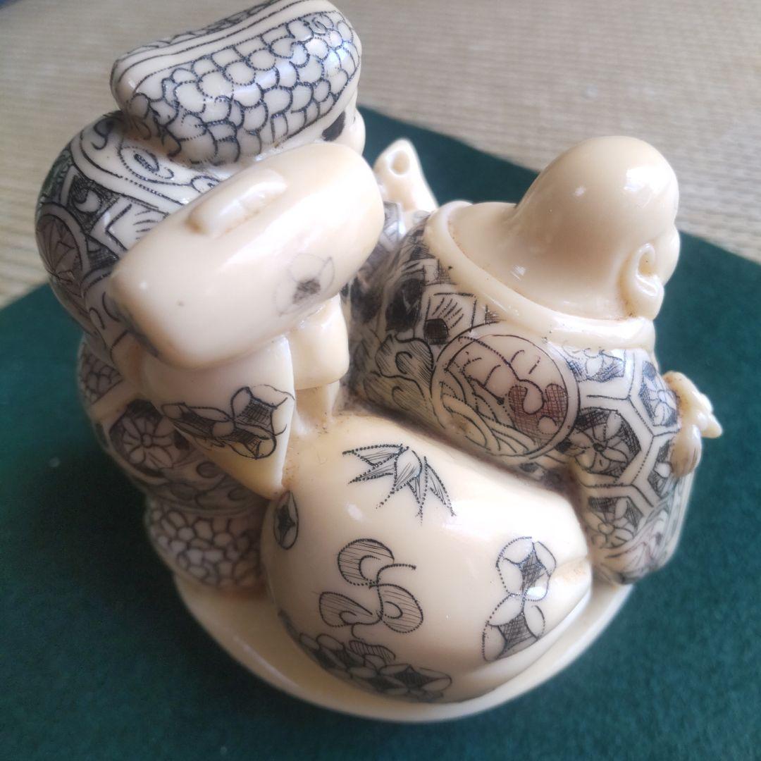 置根付 Netsuke☆ 七福神三福神 極細工 精密彫刻 雅俊作 美品‼️乳白色