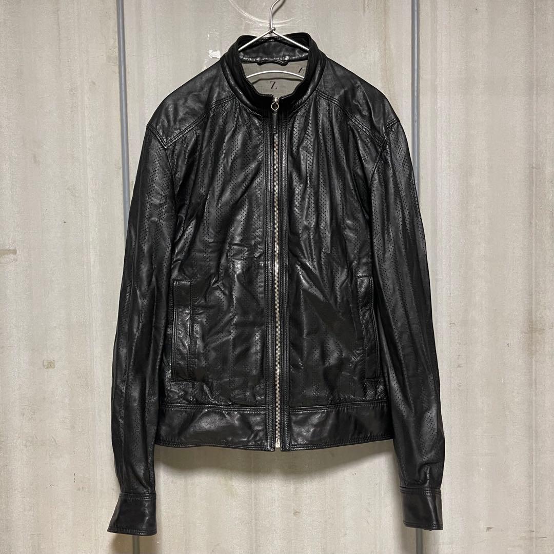 Zegna パンチングレザー シングル ライダース ジャケット シープスキン