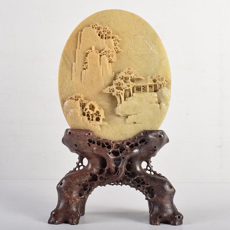 中国　玉石蝋石青田石彫刻　楼閣山水雕　硯屏　置物　V　R8517