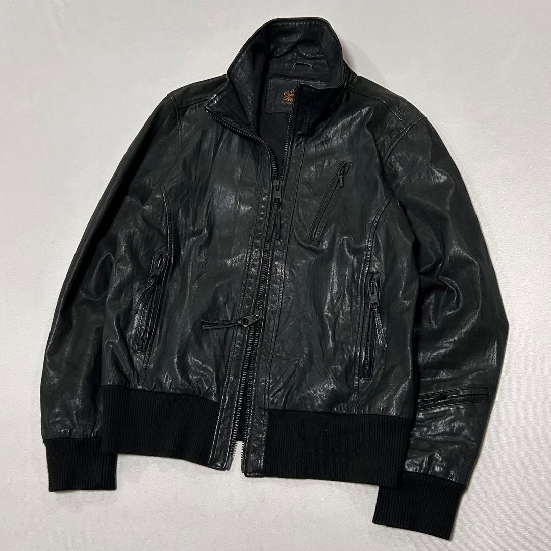 00s ゴートレザー 山羊革 シングルライダース ダブルジップ リブジャン