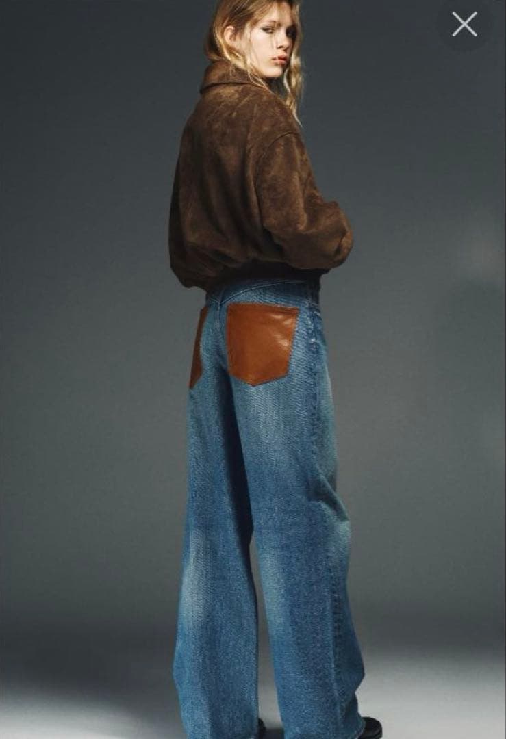 【新品】ZARA TRFハイウエストワイドレッグデニムパンツレザーポケット 38