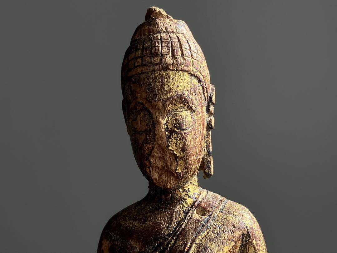 【おはよう仏 18〜19世紀頃 タイ北部 ランナー地方 木彫金箔坐仏】骨董仏像