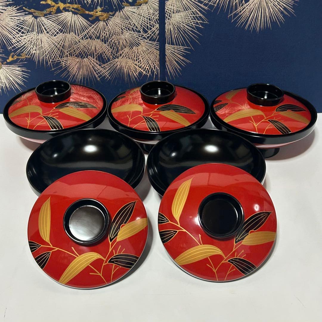 輪島塗　天然木 漆器 蒔絵 多用椀 5個セット 赤と黒 葉模様