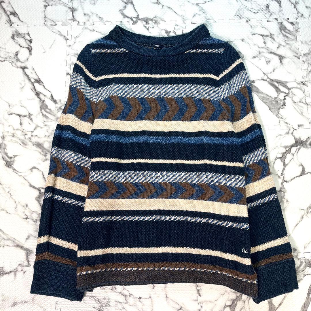 45R クルーネックニット　セーター　R刺繍　マルチカラー　ボーダー　コットン