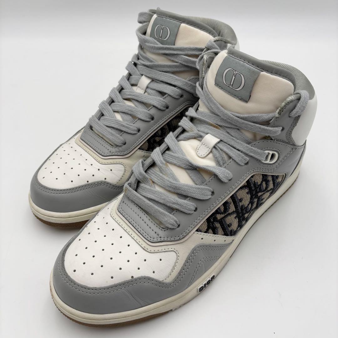 極美品 ディオール ミッドカットレザースニーカー オブリーク グレー ホワイト