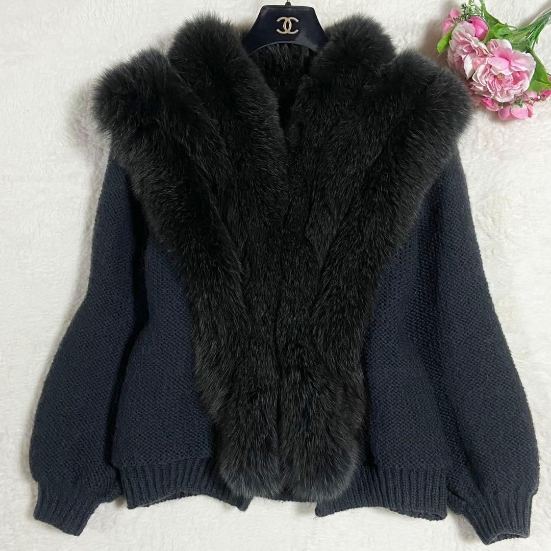 【美品】モヘヤ ニット フォックスファー ネイビー Lサイズ相当