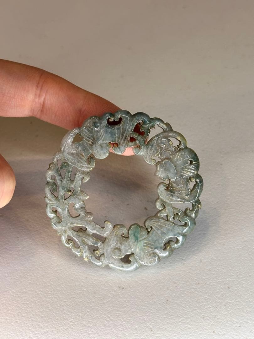 中国 清代 翡翠 镂空彫 圆環 蝙蝠文 有孔 吊りペンダント 古美術品
