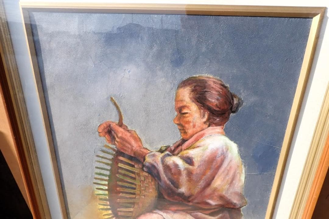油絵 原画 人物画 署名あり（Sakai？）女性 竹細工 籠編み 額装 - メルカリ