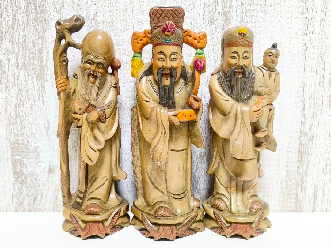 福禄寿 三星 木彫り 置物 3体 まとめ売り 像 神様 縁起物 中国 27cm