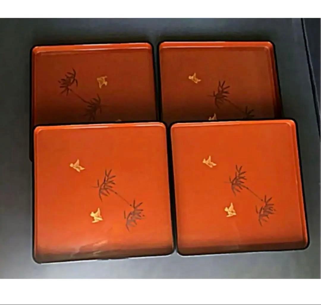 輪島塗 漆器の膳 4枚セット（竹・鳥文様）