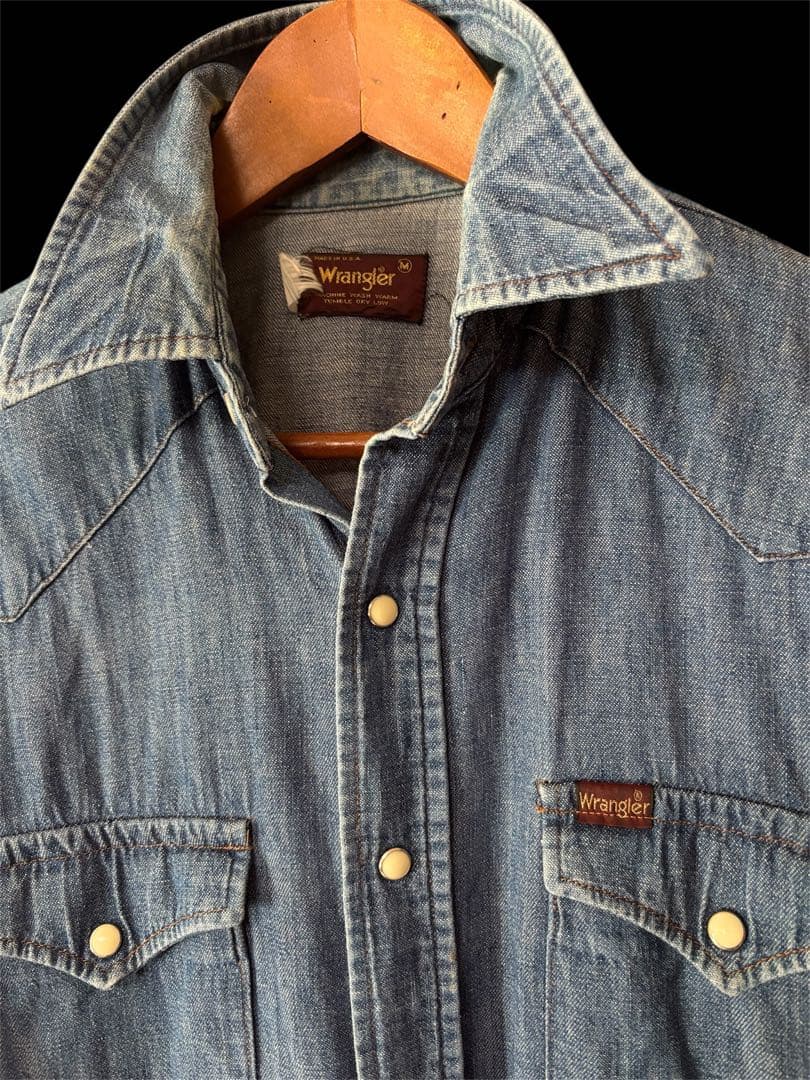 【希少】70s-80s USA製 ラングラー デニムウエスタンシャツ Mサイズ 80s Wrangler ラングラー 馬タグ 27MW デニムウエスタンシャツ【15-33