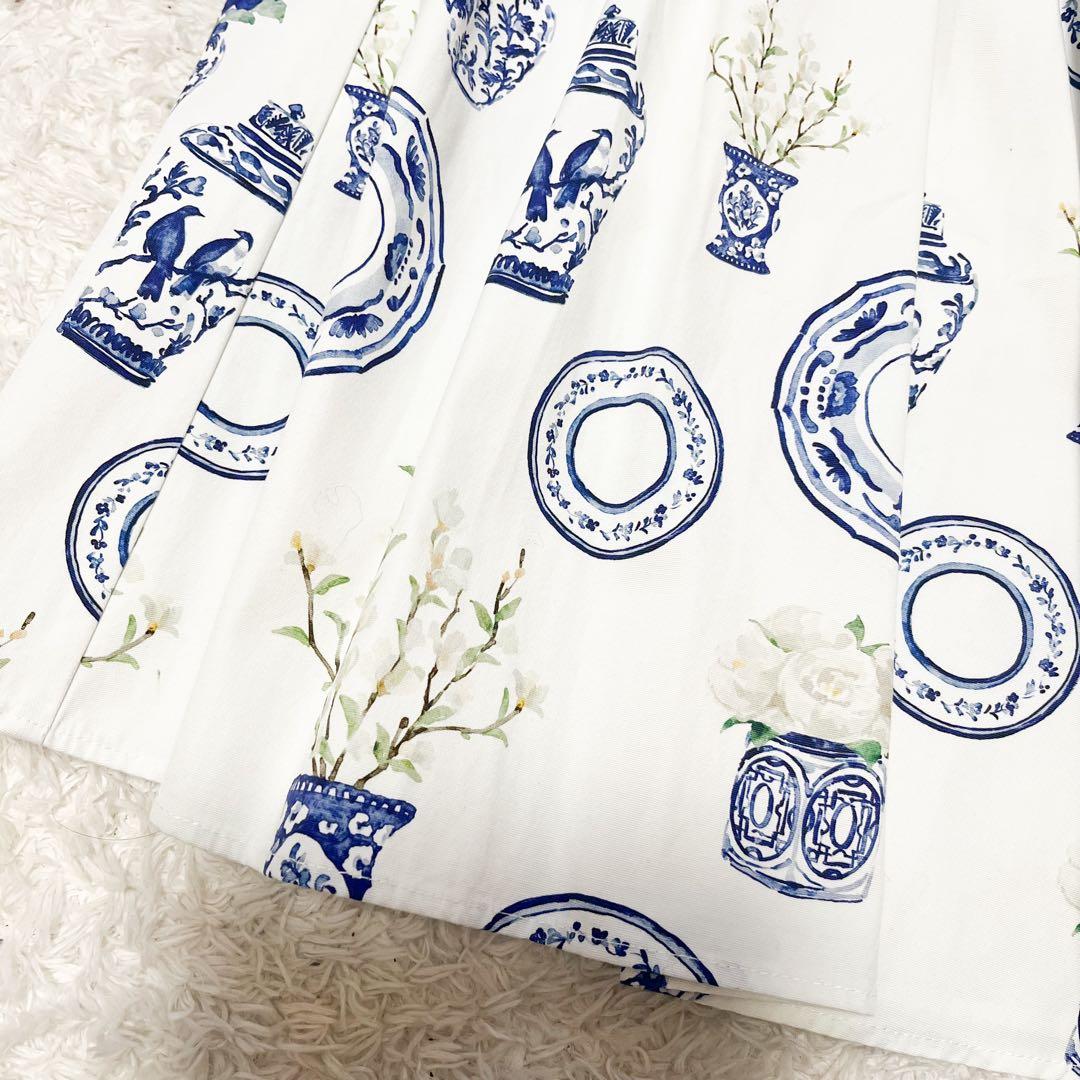 2023 セブンテン 陶器プリント 花柄スカート 陶器 水彩タッチブルー