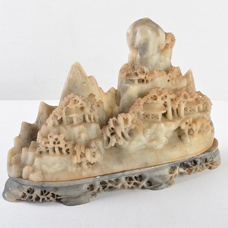 中国　玉石寿山石彫刻　楼閣山水雕　床飾　置物　V　R5747 最高品質寿山石（寿山堀性石)（通）彫刻品 马 铭生 氏 作 中国福建省産