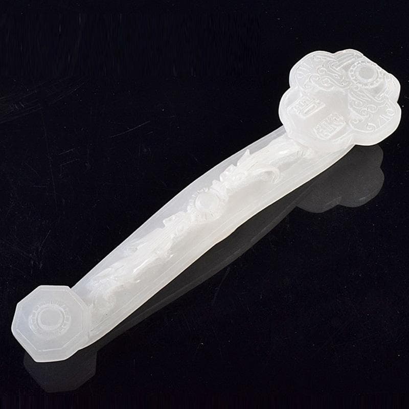 中国　玉石白玉彫刻　神獣刻　如意　M　R8033 中国 玉石彫刻 神獣 紙鎮 置物 C R5411