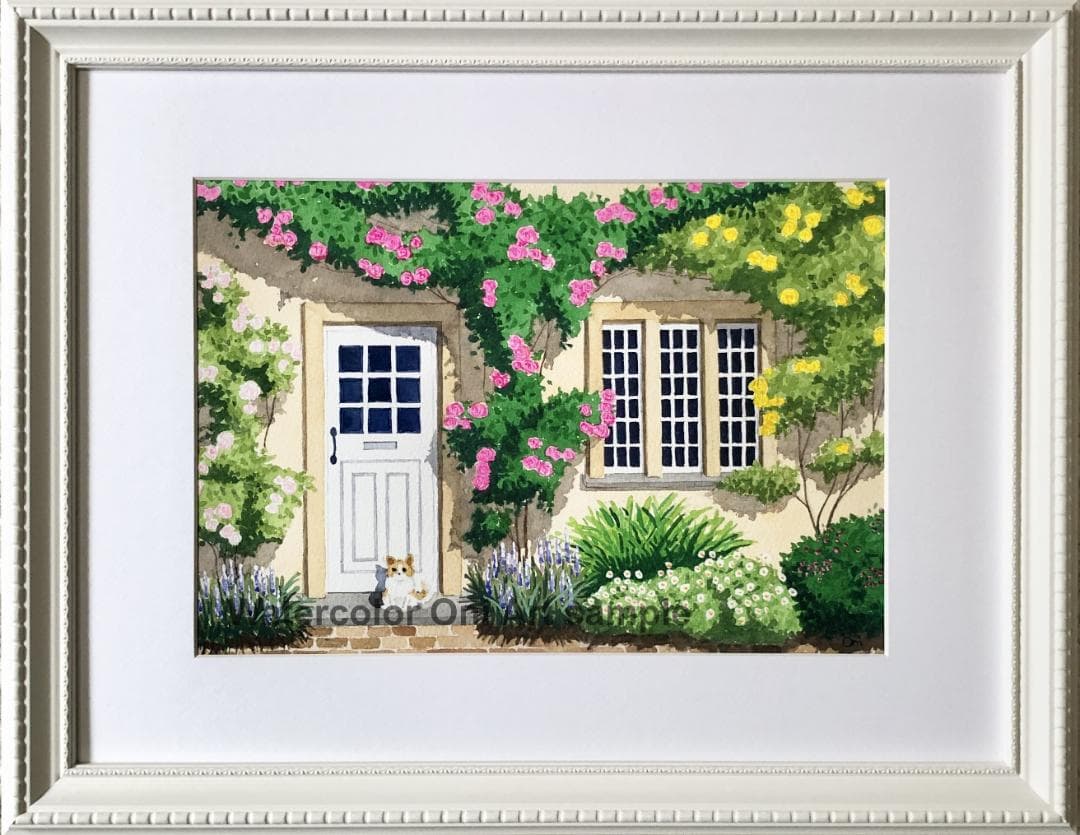 透明水彩画　原画　「ローズハウス」額縁付　A4サイズ　風景画