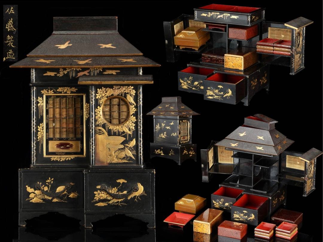 【佐藤製造】家型 御殿型 蒔絵 金蒔絵 漆塗 香箱 御香棚 香道具 茶弁当 骨董
