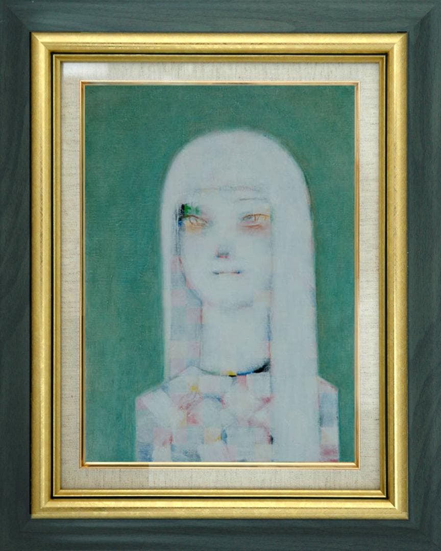 油絵 菅家令子 絵 絵画インテリア額付(青緑＋金色の枠) F4-071212女性