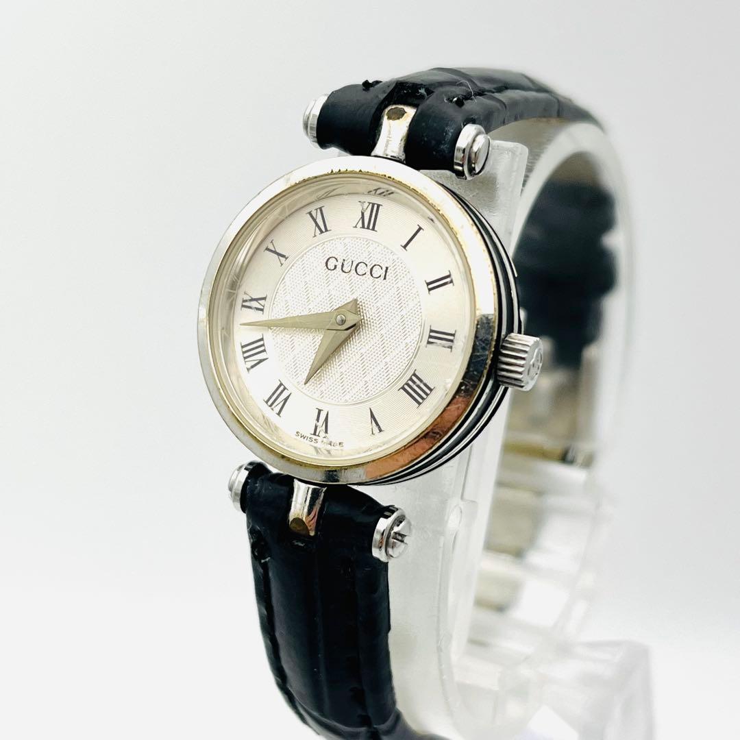 GUCCI ホワイト文字盤 ブラック革ベルト レディース時計