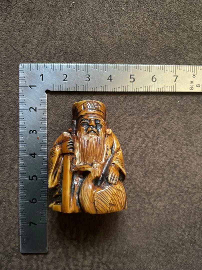 根付 寿老人と鶴 骨 牙等天然素材 銘 友三