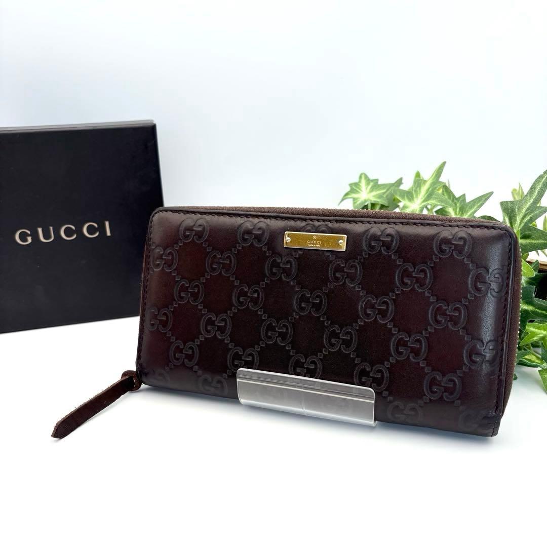 GUCCI グッチシマレザー GG ラウンドファスナー 長財布 ダークブラウン