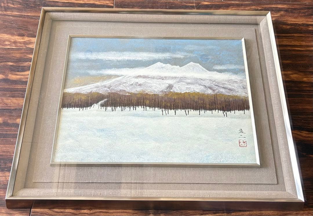 杉浦盈二「雪原」日本画 額装 共シール A