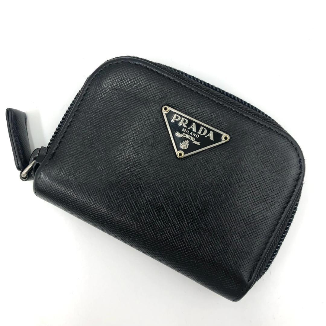極美品 プラダ ケース 小銭入れ 三角ロゴ サフィアーノ レザー ブラック
