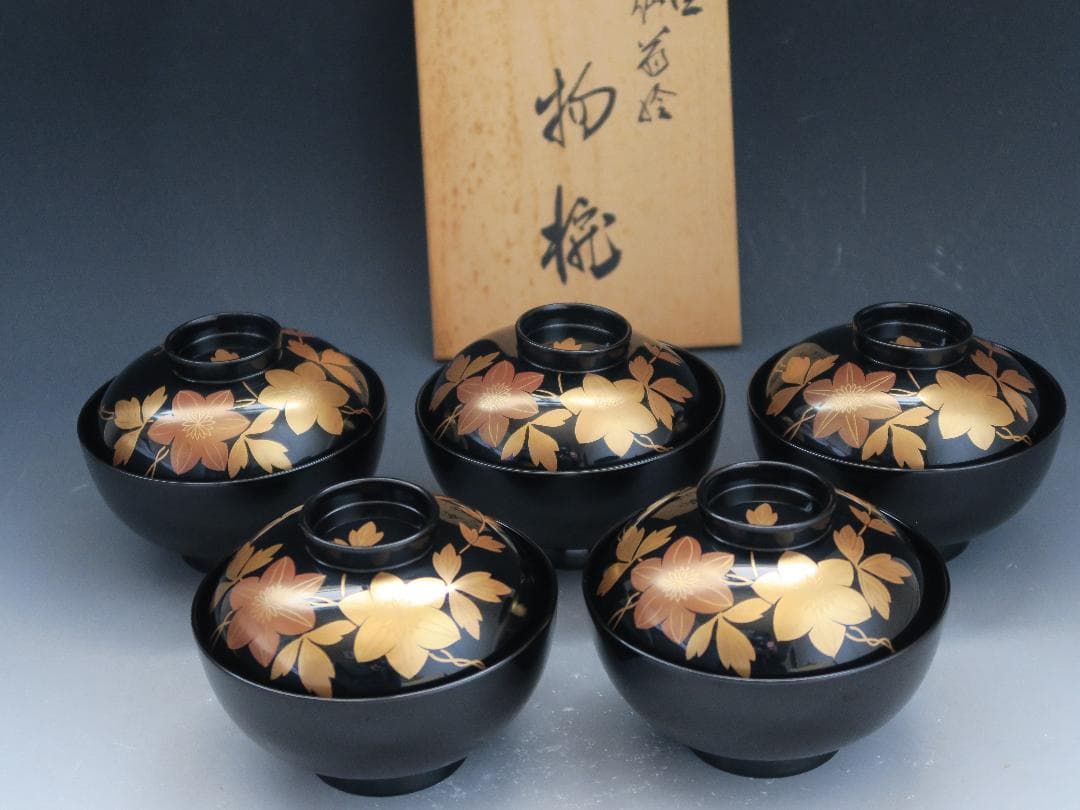 輪島塗】鉄仙蒔絵 吸物椀 黒塗 五客揃 天然木 共箱 - メルカリ
