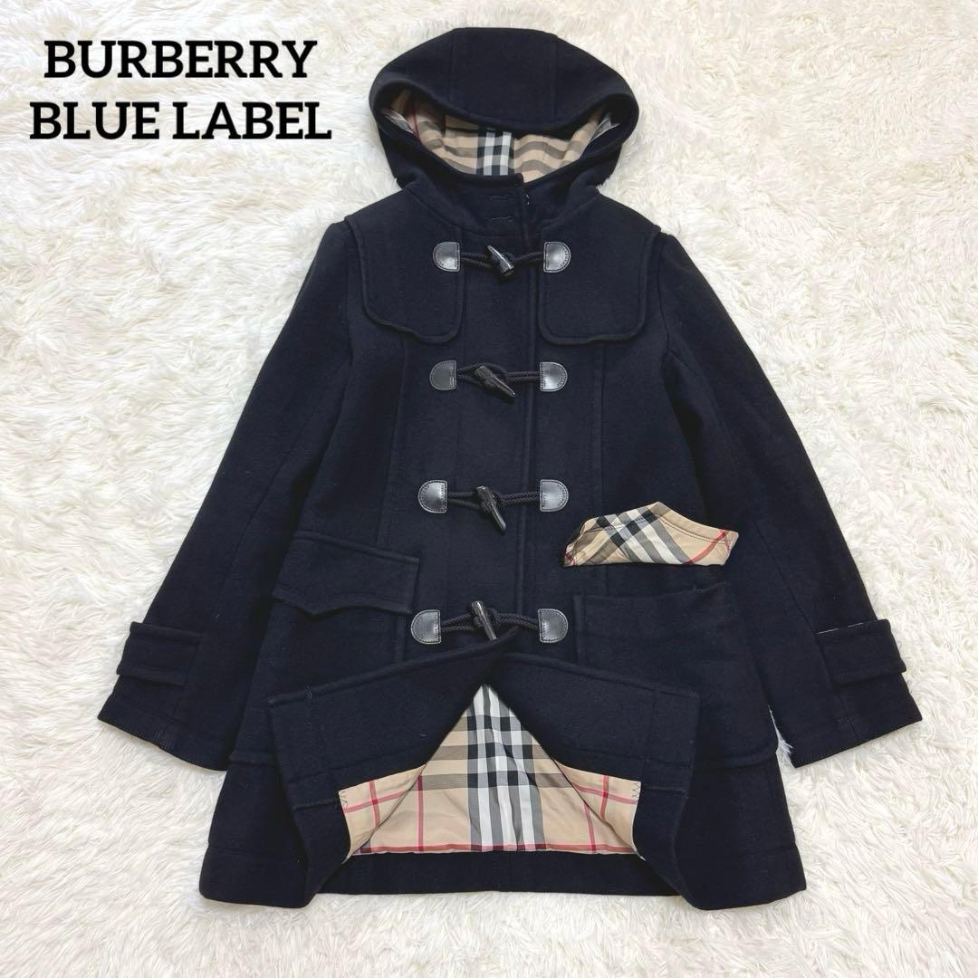 バーバリーブルーレーベル ダッフルコート アンゴラ混 ノバチェック フード付き