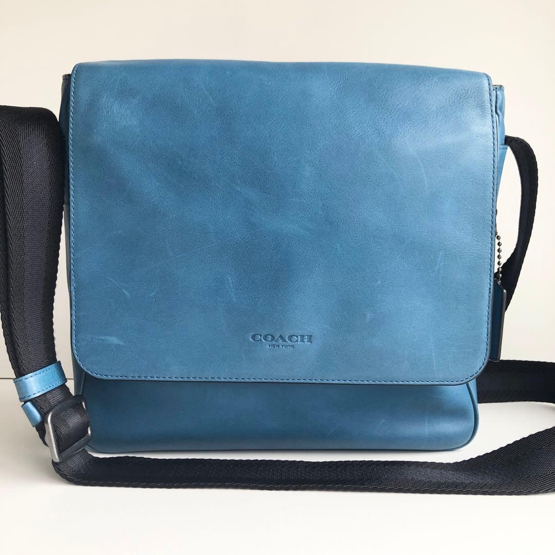 美品✨コーチ COACH メンズ メッセンジャーバッグ レザー ブルー