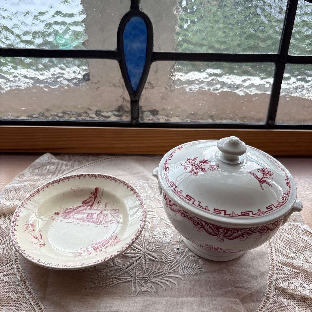 フランス アンティーク サルグミンヌ　ディネット陶器スーピエール、お皿2点セット