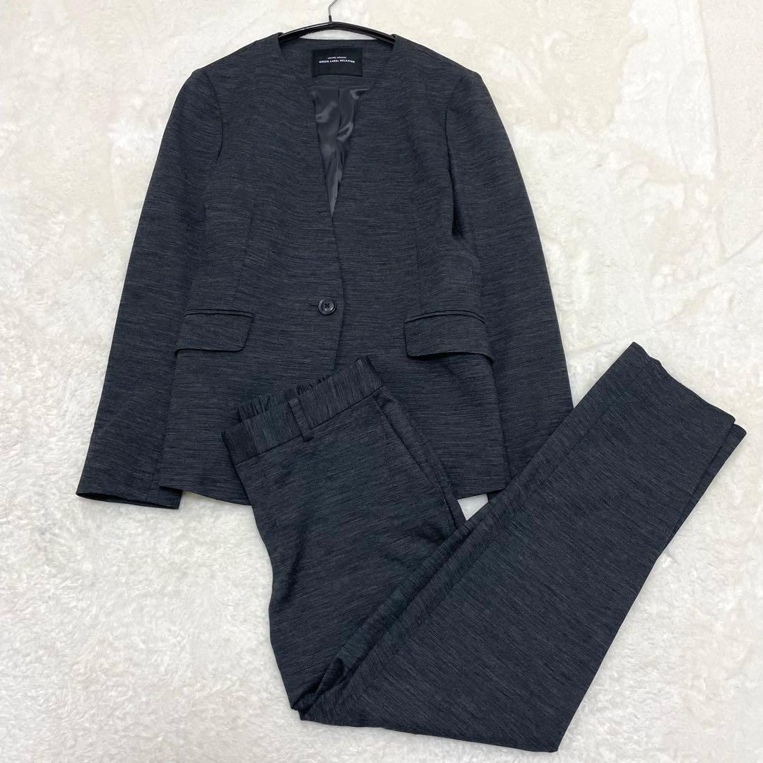 【極美品】グリーンレーベルリラクシング パンツスーツ ノーカラー グレー L 極美品【大きいサイズ40】グリーンレーベルリラクシング サラフール