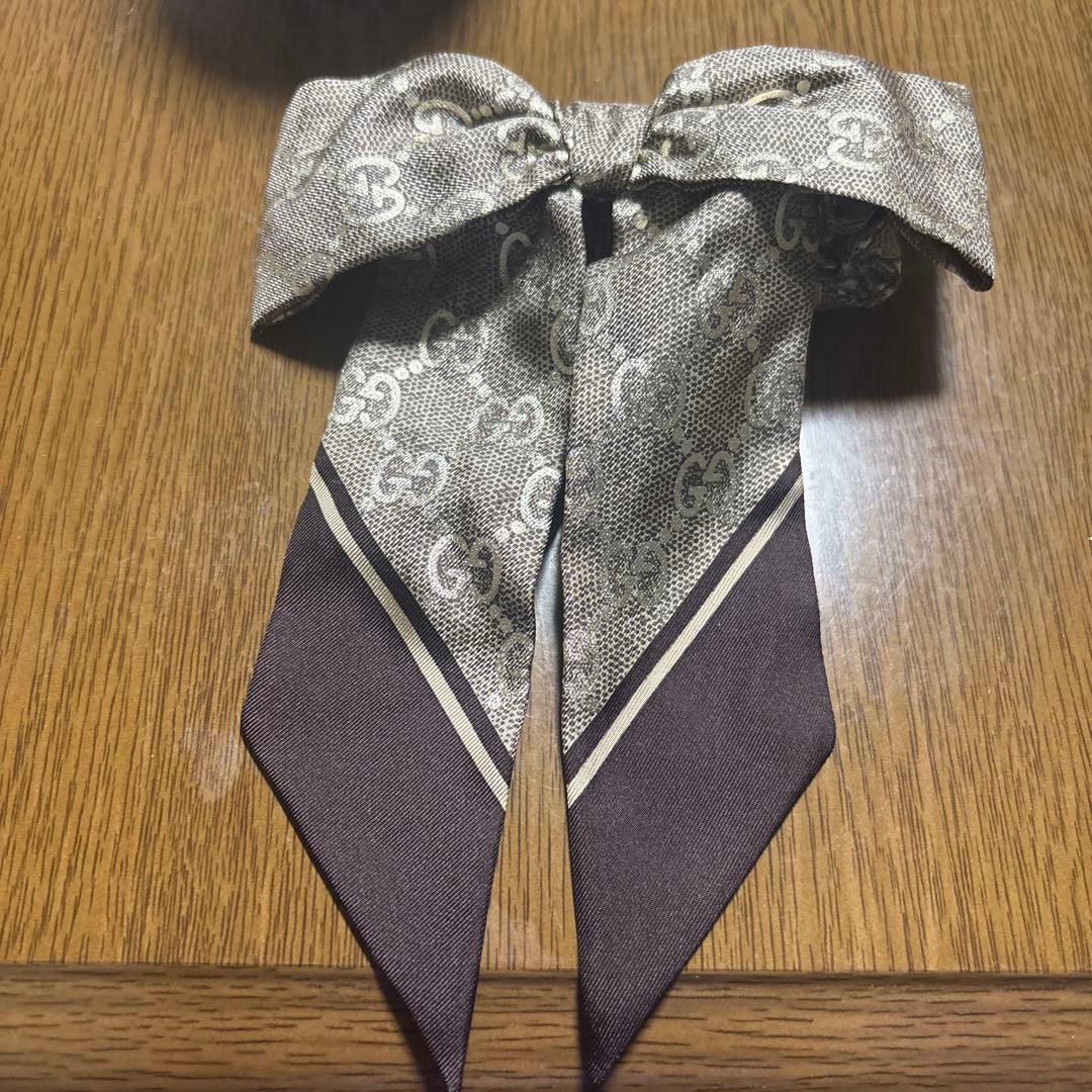 GUCCI グッチ　GG シルクジャカード シュシュ　リボン　ブラウン