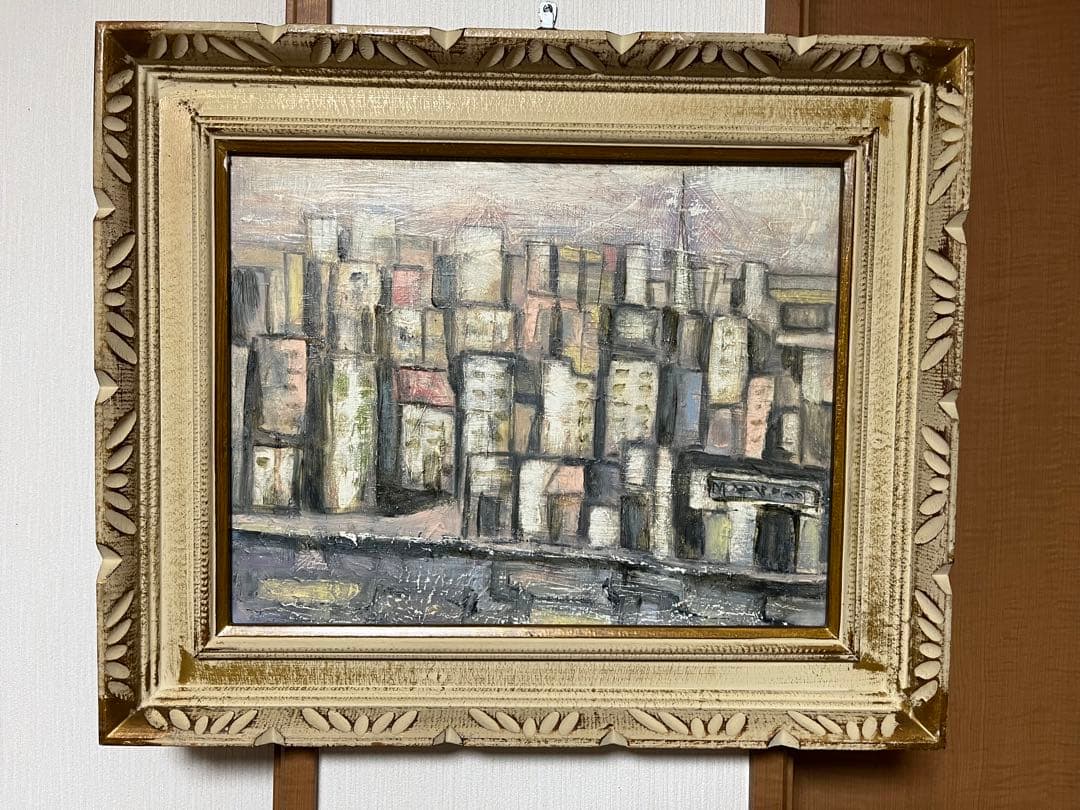 都市風景 油彩画 装飾的なフレーム付き 手書き油彩画 油絵】【ピンクの夕焼け】 #油絵 #手書き #アート #絵画