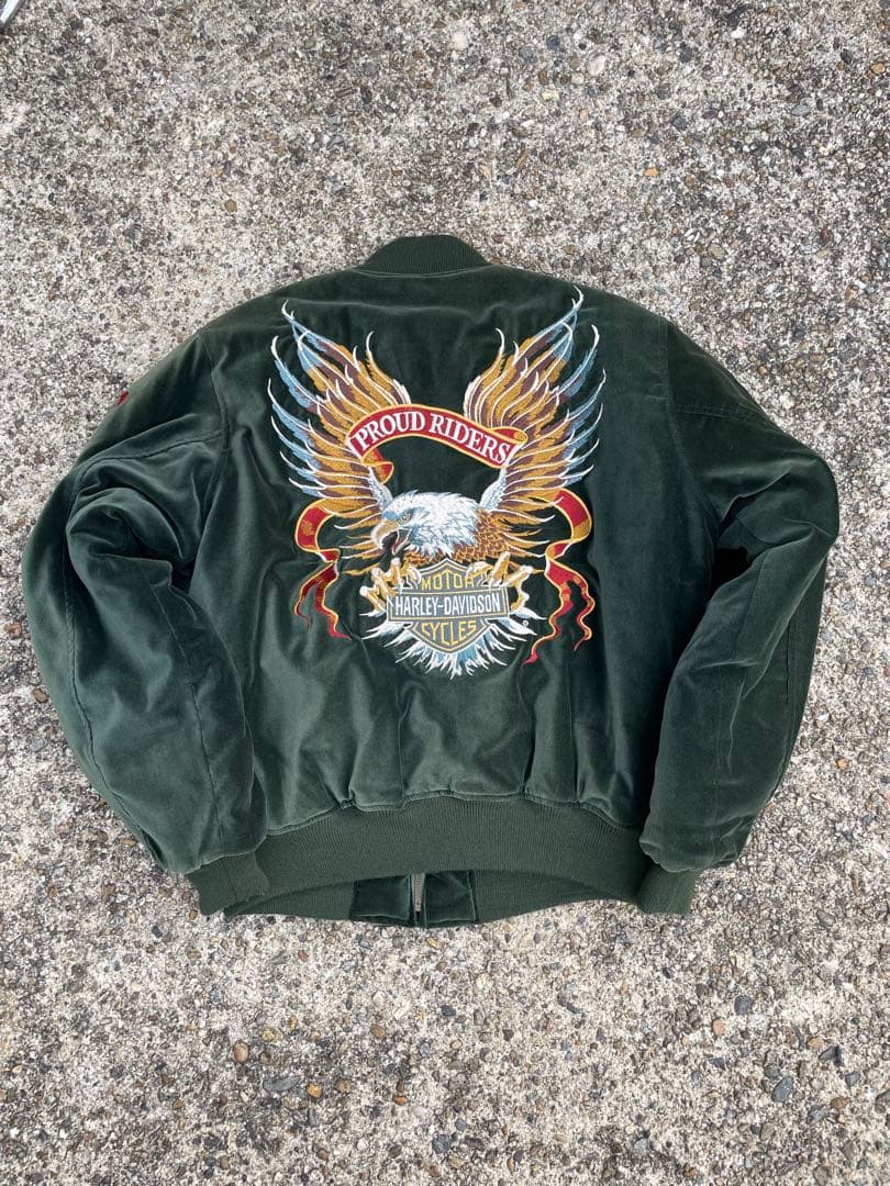 Harley-Davidson グリーン スカジャン　ベルベット　M ハーレー ハーレーダビッドソン スカジャン デッドストック ロゴ刺繍 ライダース