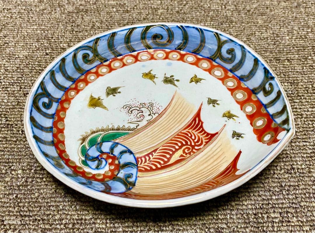 骨董 三足 鮑皿 微塵唐草 松竹梅 膾皿 明治 型紙印判 紙摺 日常使い 暮らしの骨董 生活