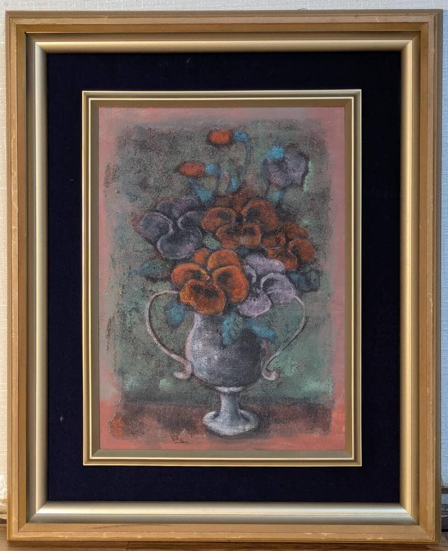 【真作】絵画　加藤啓子　油彩4号　パンジー　静物画　落ち着いた色調　Z4