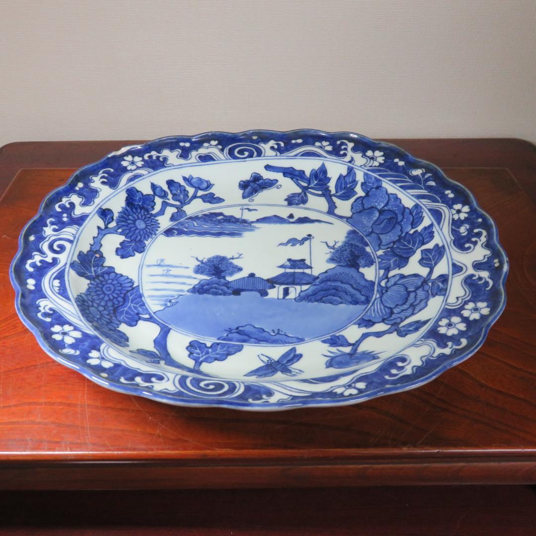 古伊万里 大皿 欠け 変形皿 山水 菊 牡丹 波文 染付